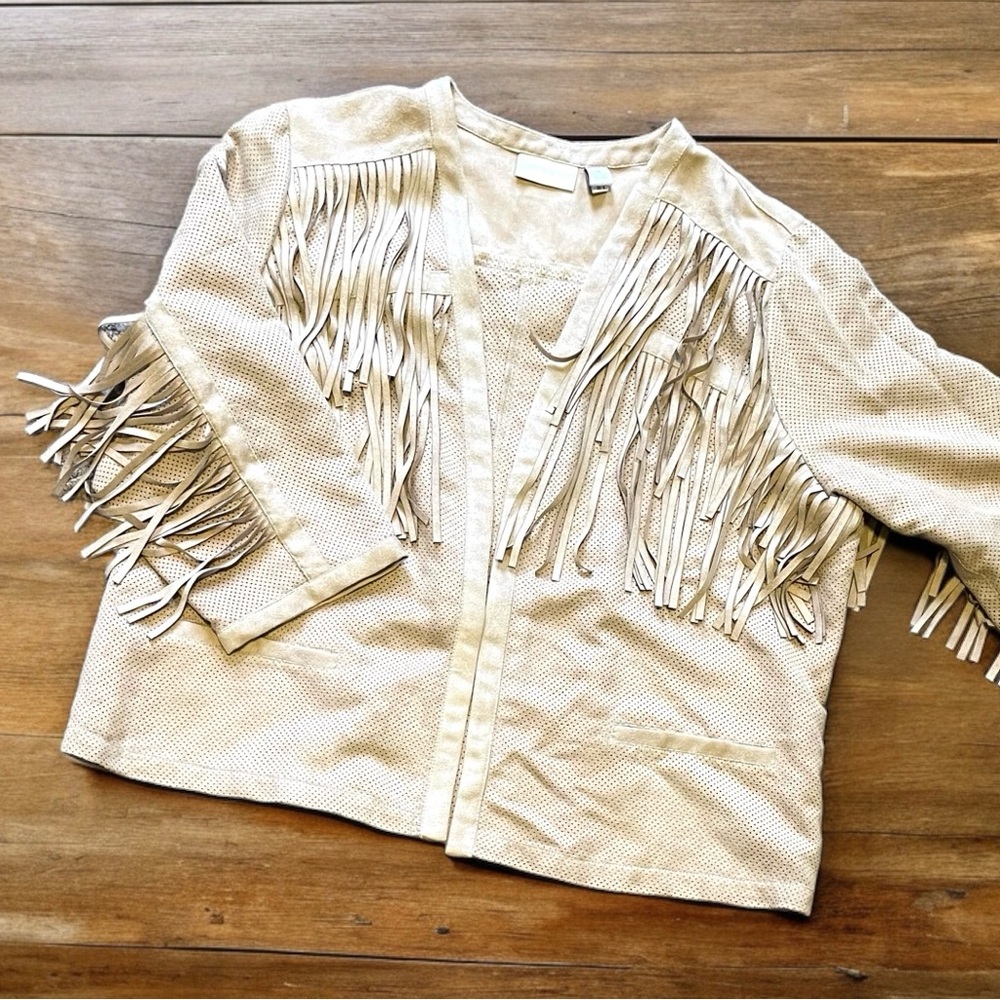 Chico’s Tan Faux Suede Fringed Jacket 3/XL
